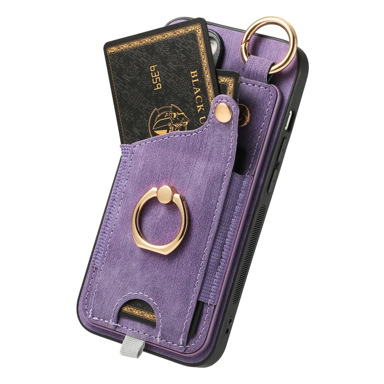 For iPhone 16 Pro Retro Skin-feel Ring Card Bag Phone Case with Hang Loop