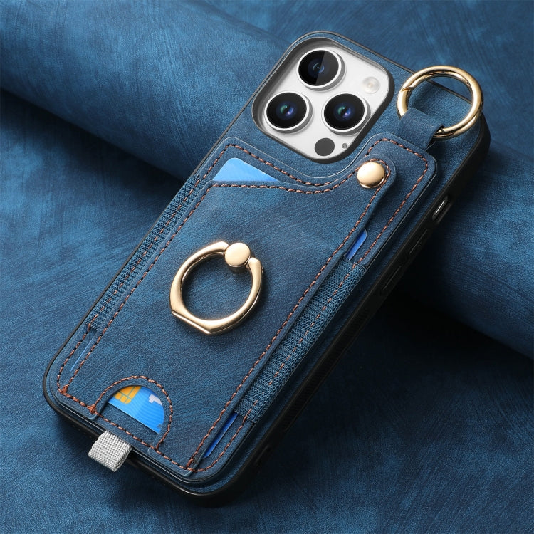 For iPhone 16 Pro Retro Skin-feel Ring Card Bag Phone Case with Hang Loop