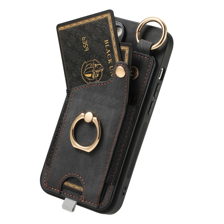 For iPhone 16 Pro Retro Skin-feel Ring Card Bag Phone Case with Hang Loop