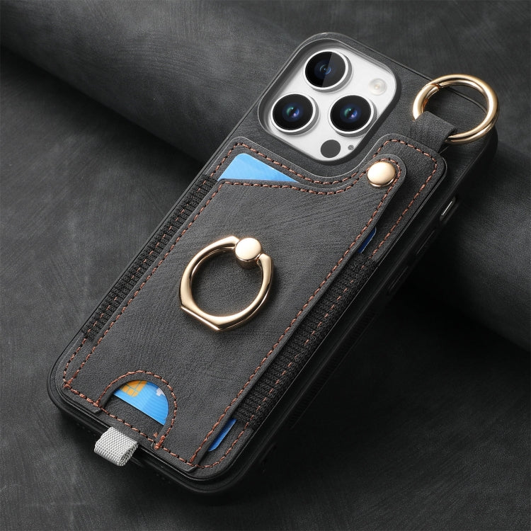For iPhone 16 Pro Retro Skin-feel Ring Card Bag Phone Case with Hang Loop