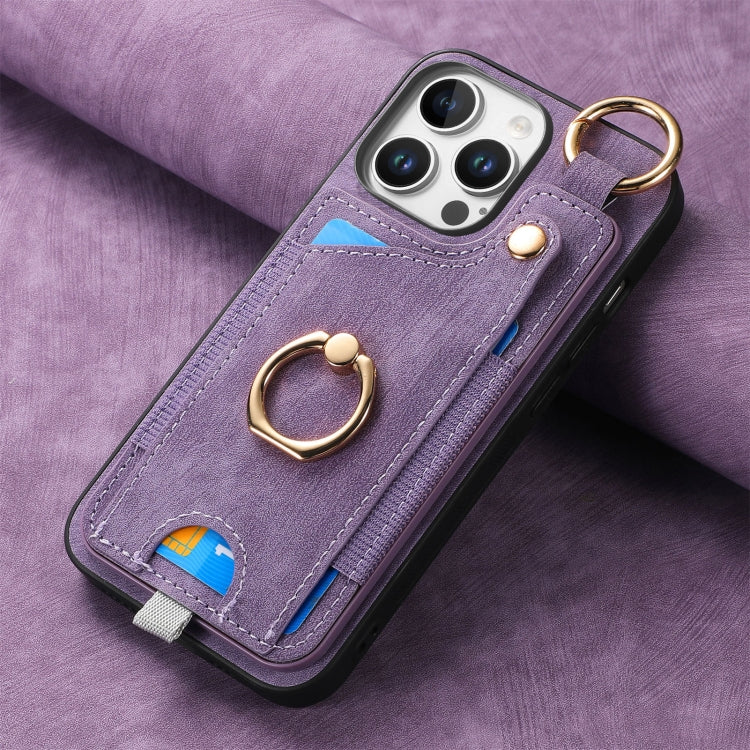 For iPhone 16 Pro Max Retro Skin-feel Ring Card Bag Phone Case with Hang Loop
