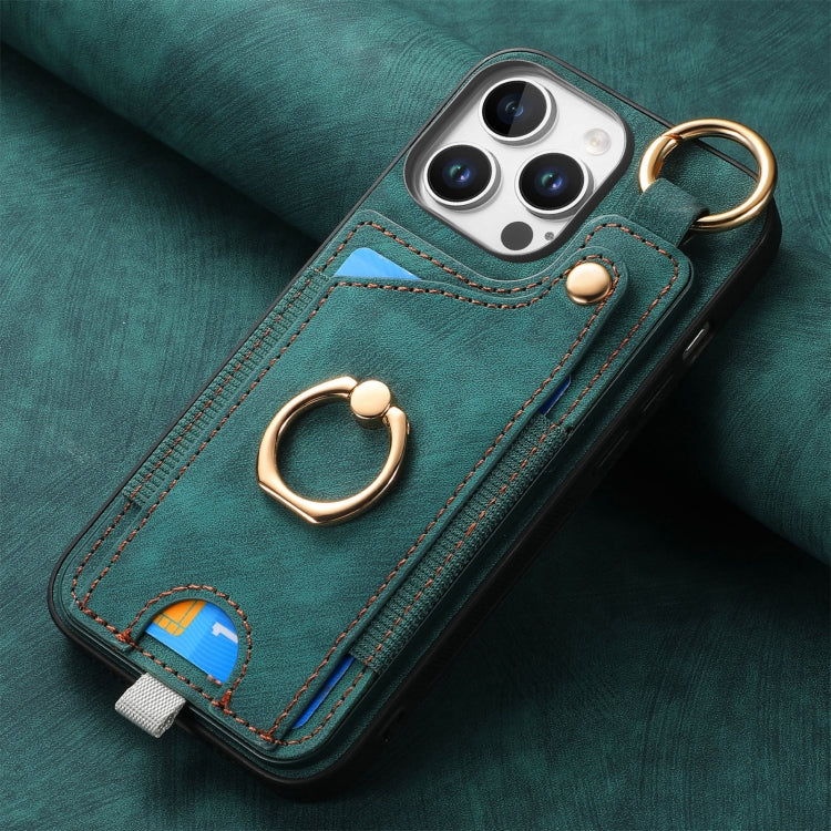 For iPhone 16 Pro Max Retro Skin-feel Ring Card Bag Phone Case with Hang Loop