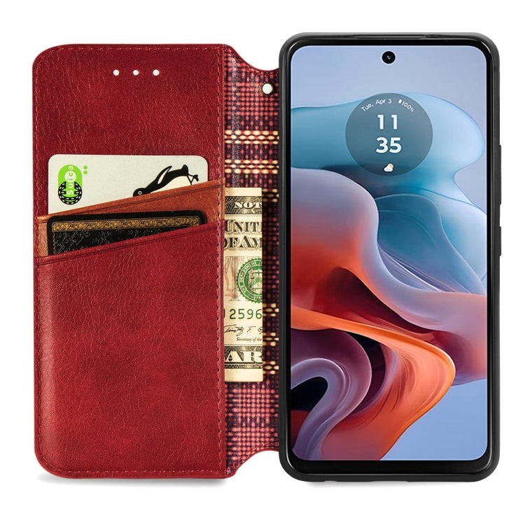 For Motorola Moto G34 5G Cubic Grid Pressed Magnetic Leather Phone Case