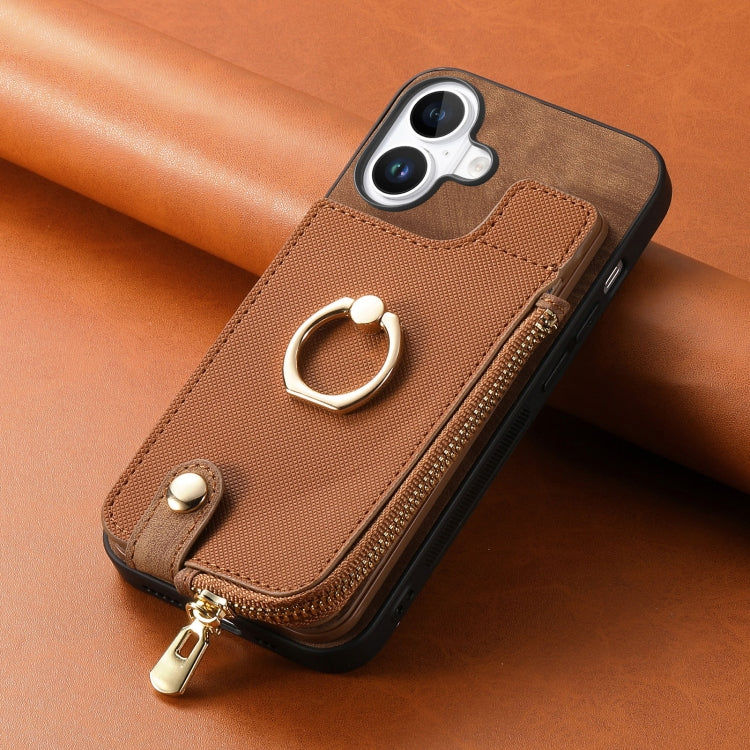 For iPhone 16 Cross Leather Ring Vertical Zipper Wallet Back Phone Case