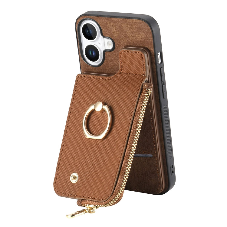 For iPhone 16 Cross Leather Ring Vertical Zipper Wallet Back Phone Case