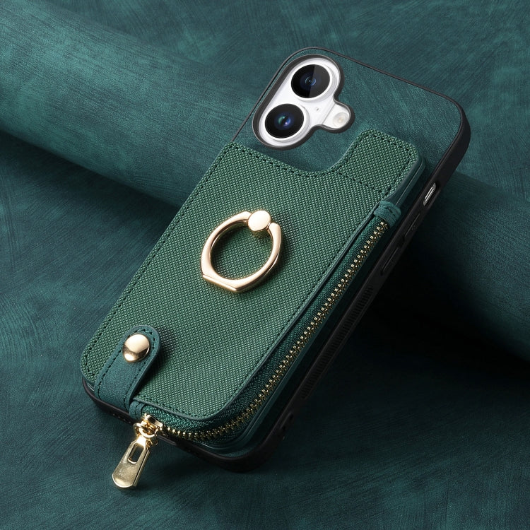 For iPhone 16 Cross Leather Ring Vertical Zipper Wallet Back Phone Case