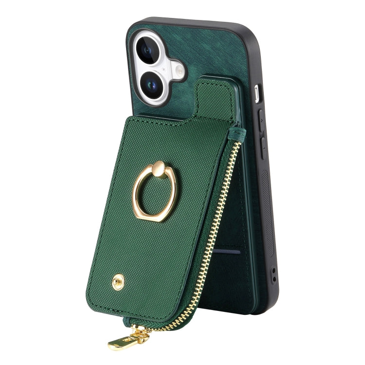 For iPhone 16 Cross Leather Ring Vertical Zipper Wallet Back Phone Case