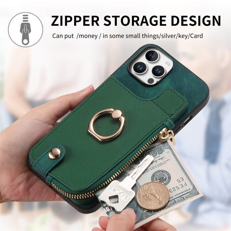For iPhone 16 Cross Leather Ring Vertical Zipper Wallet Back Phone Case