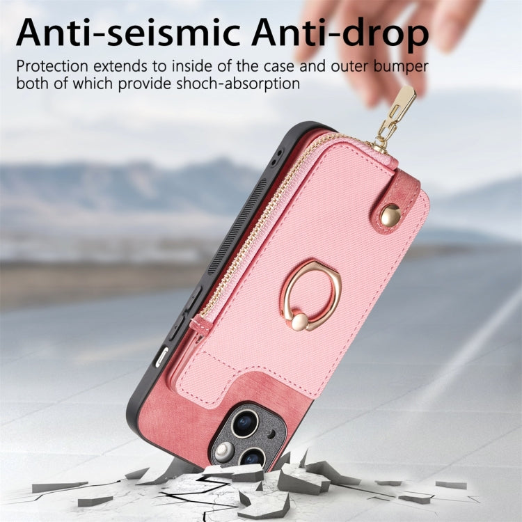 For iPhone 16 Cross Leather Ring Vertical Zipper Wallet Back Phone Case
