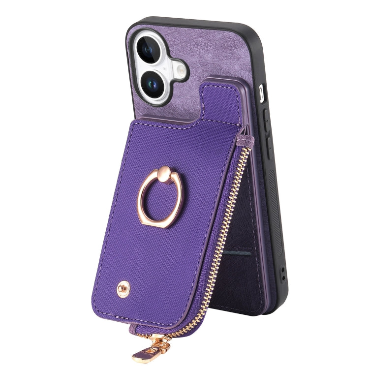 For iPhone 16 Cross Leather Ring Vertical Zipper Wallet Back Phone Case