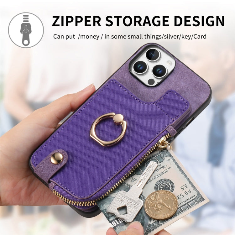 For iPhone 16 Cross Leather Ring Vertical Zipper Wallet Back Phone Case