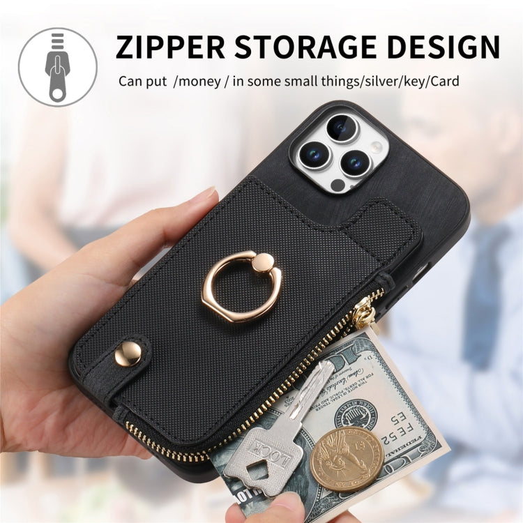 For iPhone 16 Cross Leather Ring Vertical Zipper Wallet Back Phone Case
