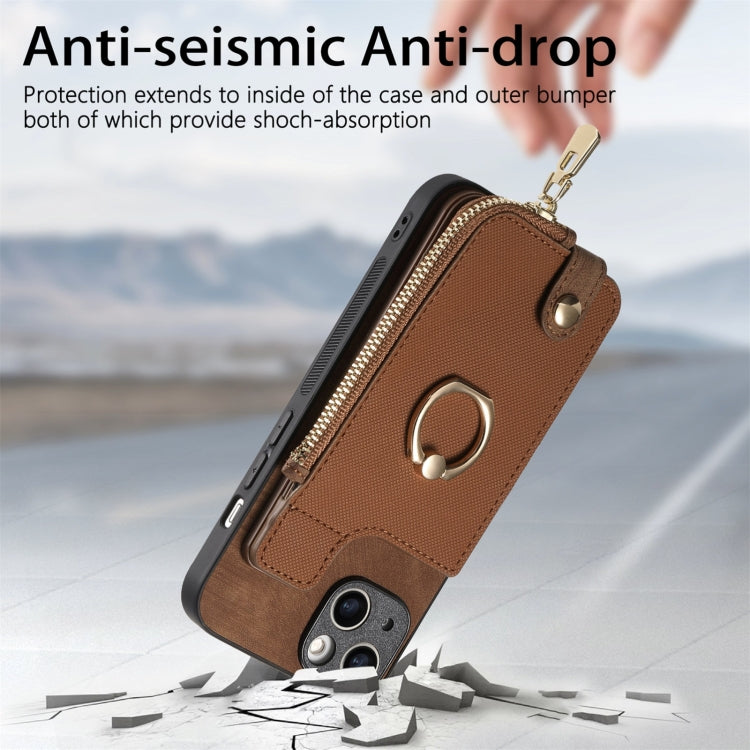 For iPhone 16 Plus Cross Leather Ring Vertical Zipper Wallet Back Phone Case