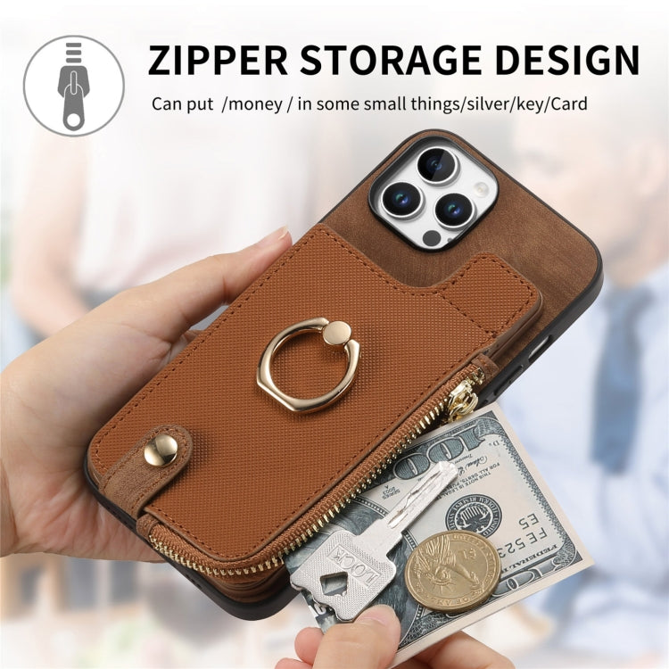 For iPhone 16 Plus Cross Leather Ring Vertical Zipper Wallet Back Phone Case