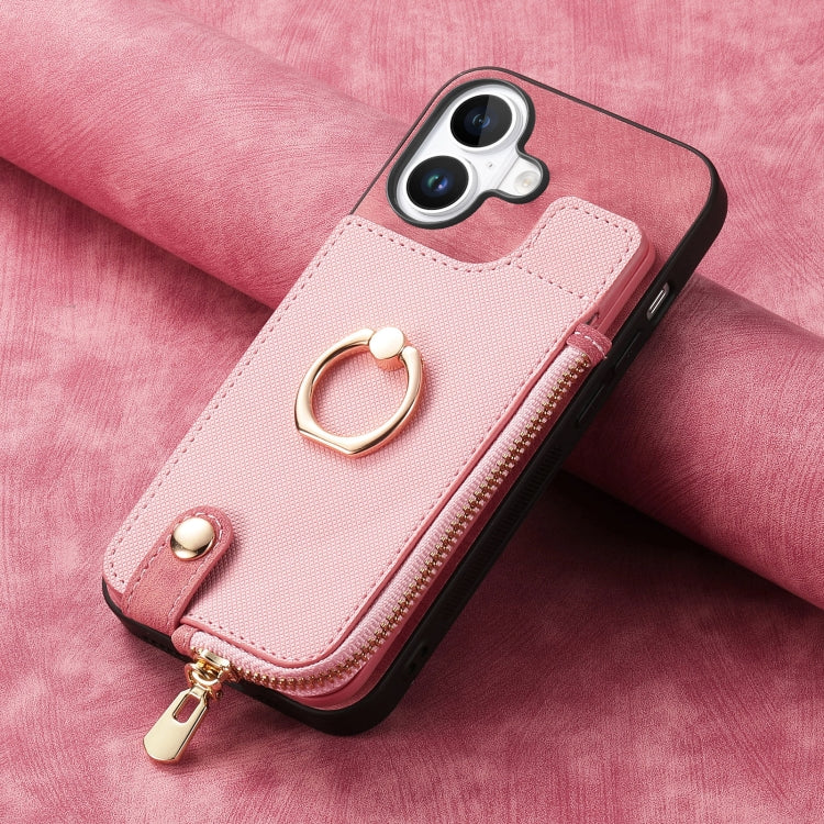 For iPhone 16 Plus Cross Leather Ring Vertical Zipper Wallet Back Phone Case