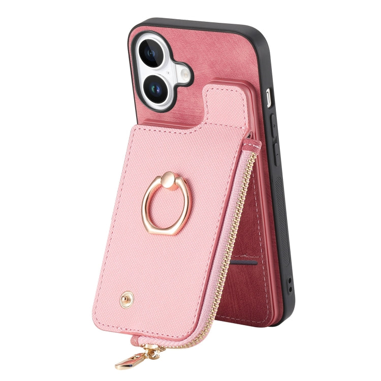 For iPhone 16 Plus Cross Leather Ring Vertical Zipper Wallet Back Phone Case