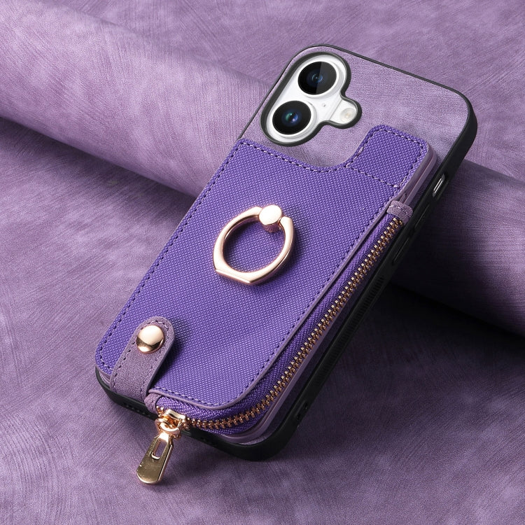 For iPhone 16 Plus Cross Leather Ring Vertical Zipper Wallet Back Phone Case