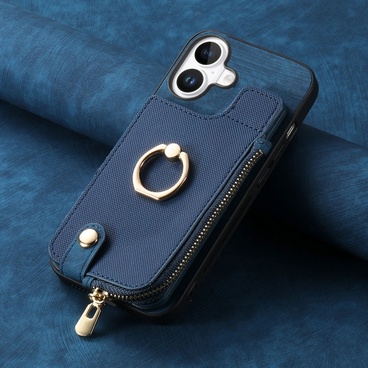 For iPhone 16 Plus Cross Leather Ring Vertical Zipper Wallet Back Phone Case