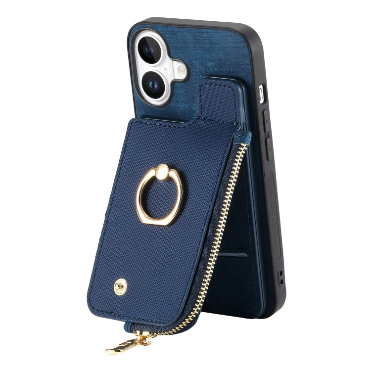 For iPhone 16 Plus Cross Leather Ring Vertical Zipper Wallet Back Phone Case