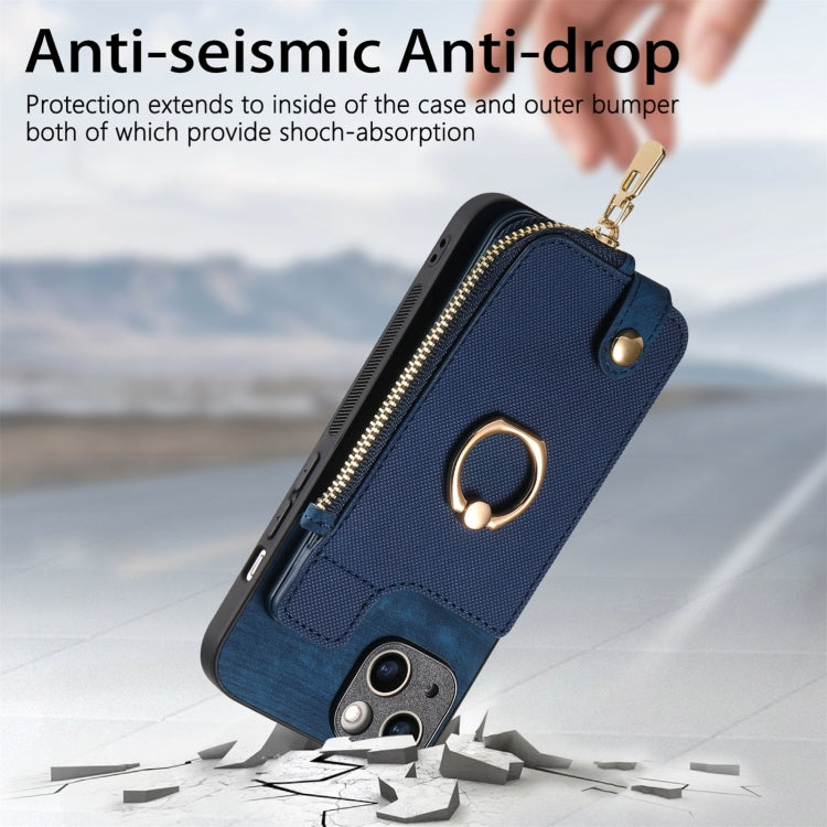 For iPhone 16 Plus Cross Leather Ring Vertical Zipper Wallet Back Phone Case