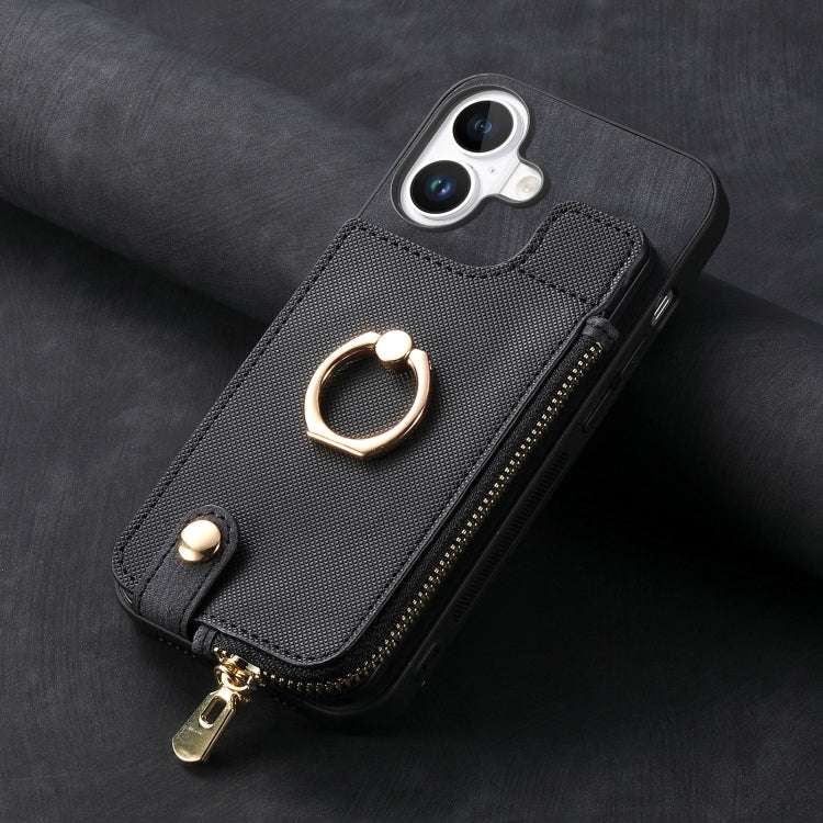 For iPhone 16 Plus Cross Leather Ring Vertical Zipper Wallet Back Phone Case