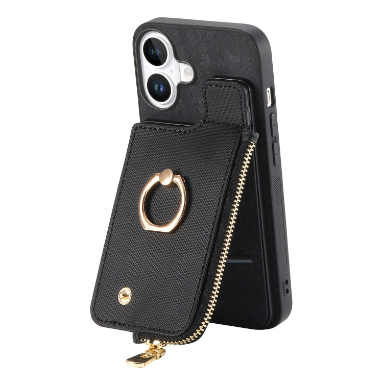 For iPhone 16 Plus Cross Leather Ring Vertical Zipper Wallet Back Phone Case