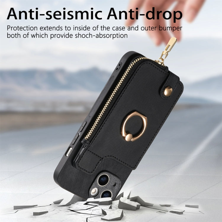 For iPhone 16 Plus Cross Leather Ring Vertical Zipper Wallet Back Phone Case