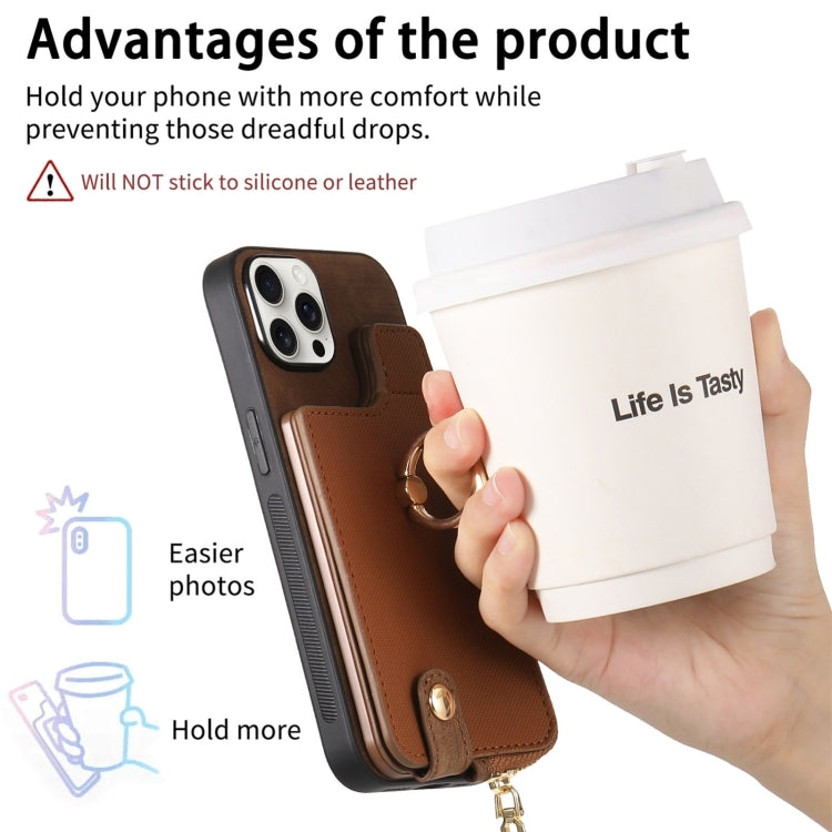 For iPhone 16 Pro Cross Leather Ring Vertical Zipper Wallet Back Phone Case