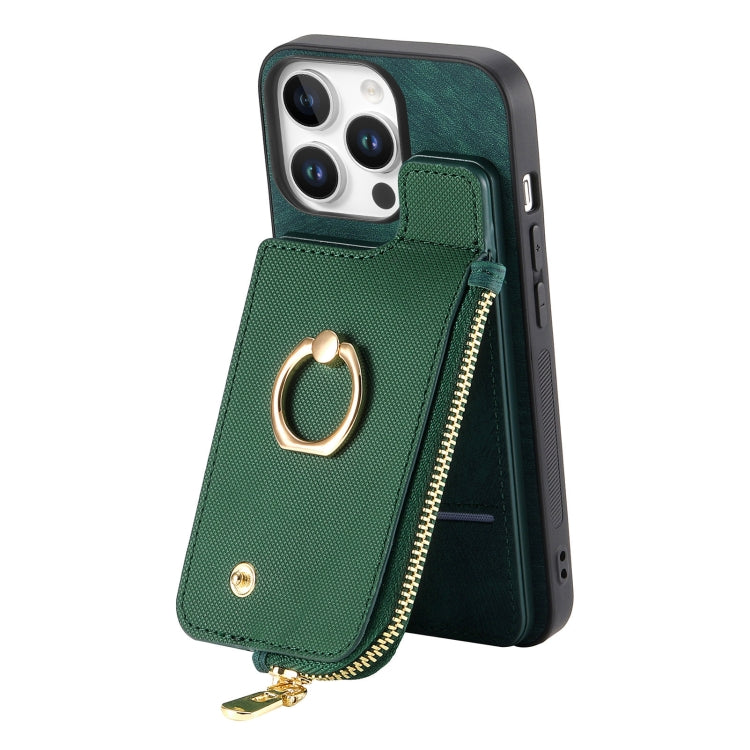 For iPhone 16 Pro Cross Leather Ring Vertical Zipper Wallet Back Phone Case
