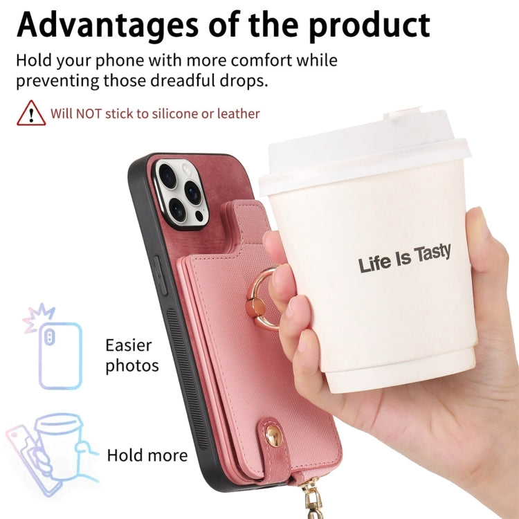For iPhone 16 Pro Cross Leather Ring Vertical Zipper Wallet Back Phone Case