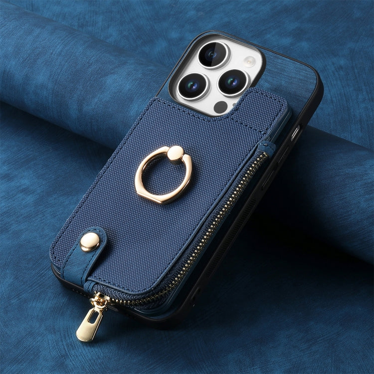 For iPhone 16 Pro Cross Leather Ring Vertical Zipper Wallet Back Phone Case