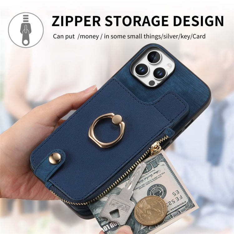 For iPhone 16 Pro Cross Leather Ring Vertical Zipper Wallet Back Phone Case