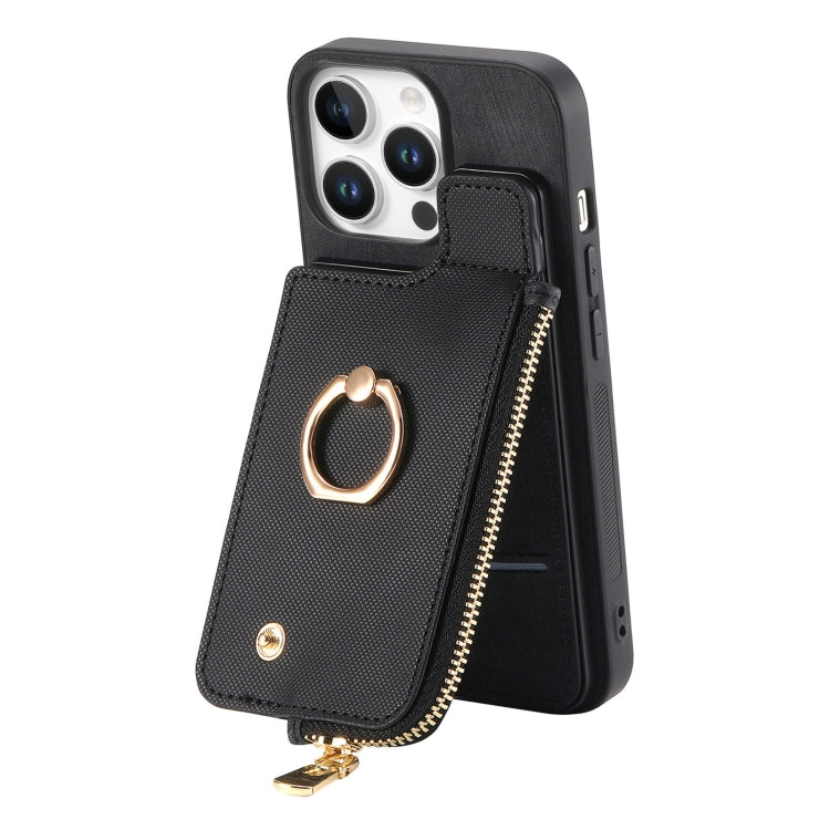 For iPhone 16 Pro Cross Leather Ring Vertical Zipper Wallet Back Phone Case