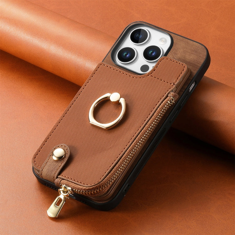 For iPhone 16 Pro Max Cross Leather Ring Vertical Zipper Wallet Back Phone Case