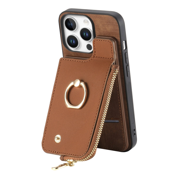 For iPhone 16 Pro Max Cross Leather Ring Vertical Zipper Wallet Back Phone Case