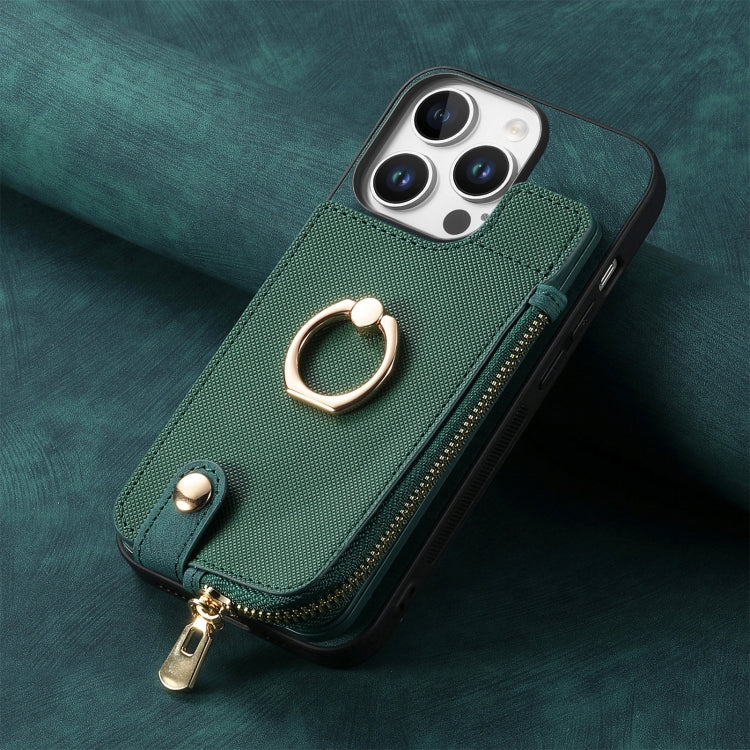 For iPhone 16 Pro Max Cross Leather Ring Vertical Zipper Wallet Back Phone Case