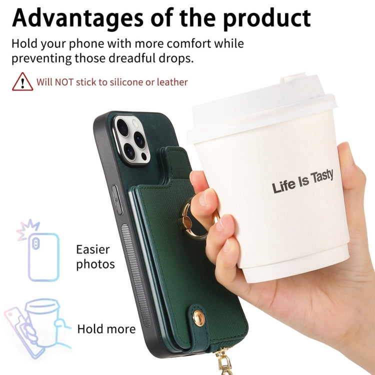 For iPhone 16 Pro Max Cross Leather Ring Vertical Zipper Wallet Back Phone Case