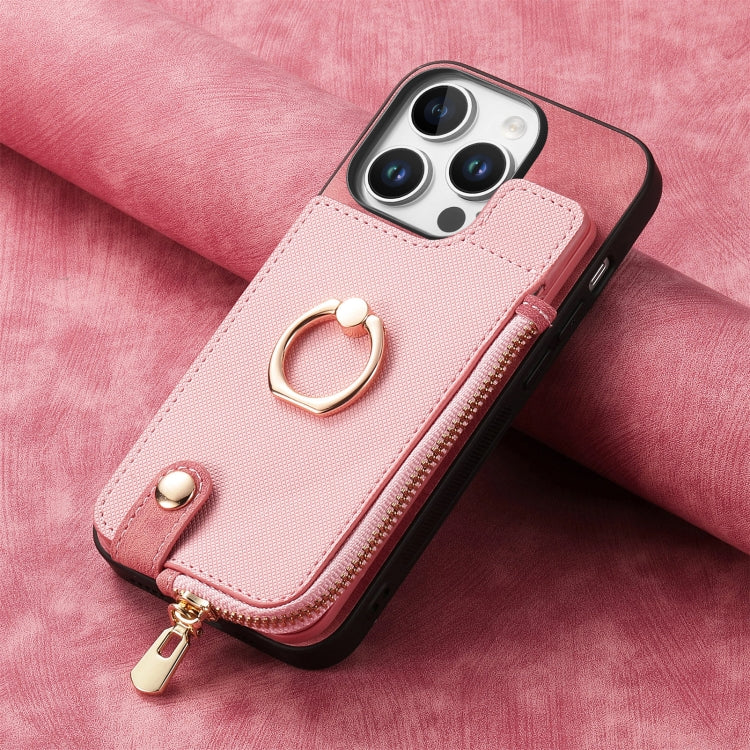 For iPhone 16 Pro Max Cross Leather Ring Vertical Zipper Wallet Back Phone Case