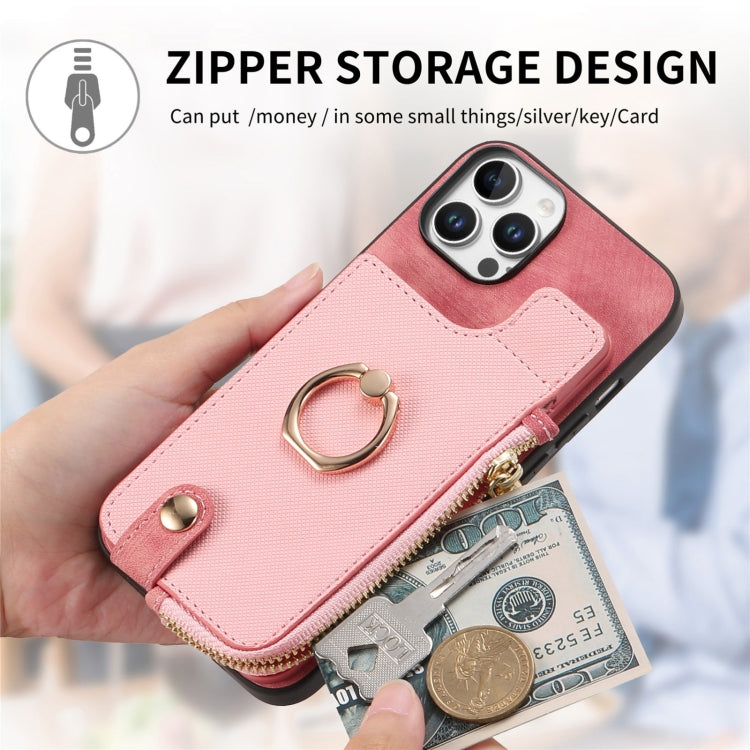 For iPhone 16 Pro Max Cross Leather Ring Vertical Zipper Wallet Back Phone Case