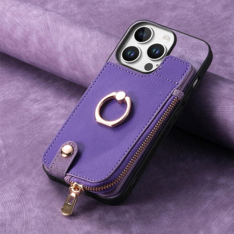 For iPhone 16 Pro Max Cross Leather Ring Vertical Zipper Wallet Back Phone Case