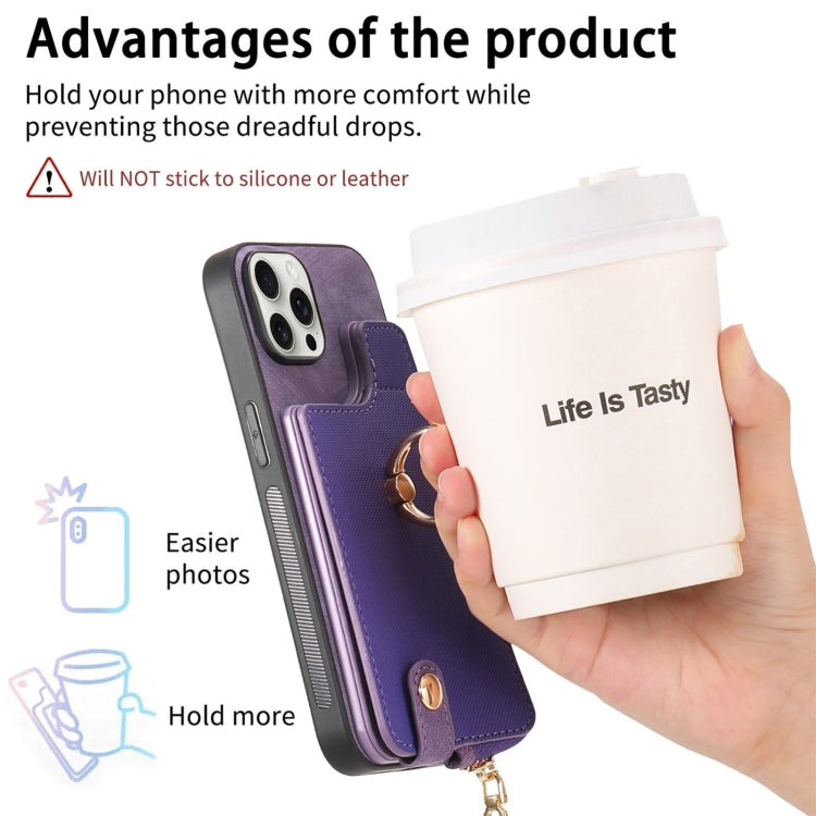 For iPhone 16 Pro Max Cross Leather Ring Vertical Zipper Wallet Back Phone Case
