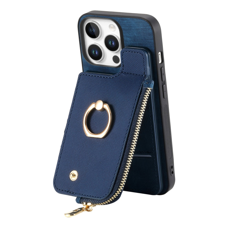 For iPhone 16 Pro Max Cross Leather Ring Vertical Zipper Wallet Back Phone Case