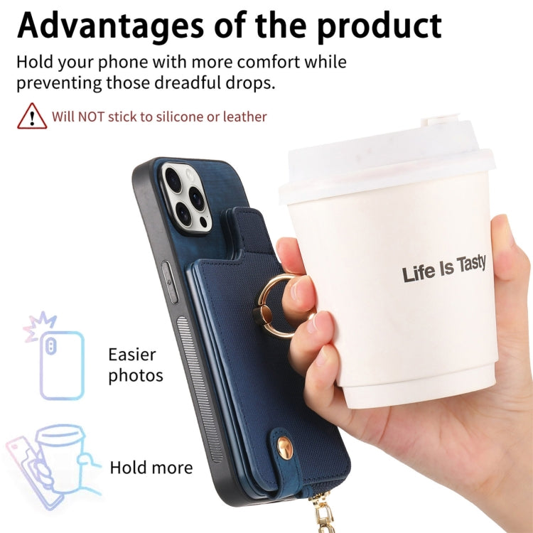 For iPhone 16 Pro Max Cross Leather Ring Vertical Zipper Wallet Back Phone Case