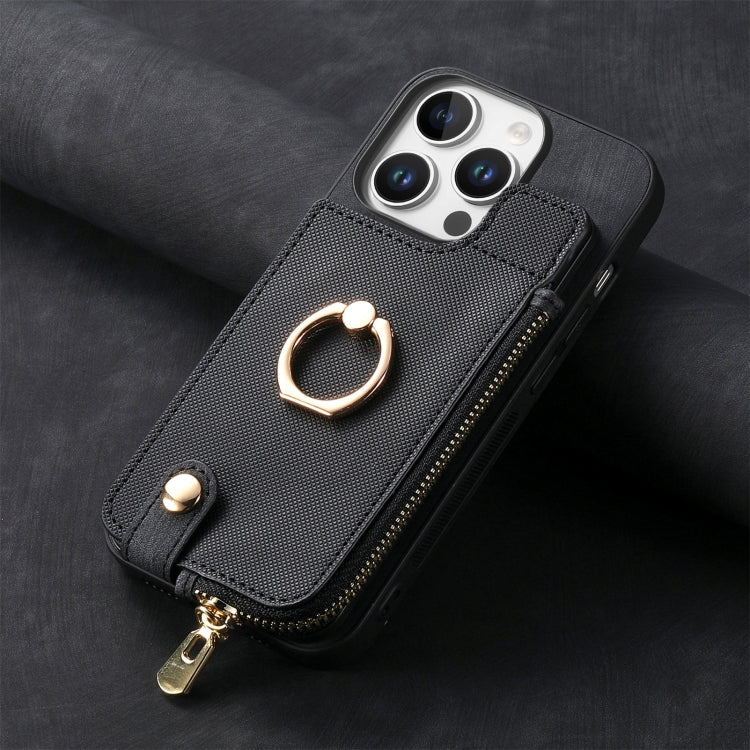 For iPhone 16 Pro Max Cross Leather Ring Vertical Zipper Wallet Back Phone Case