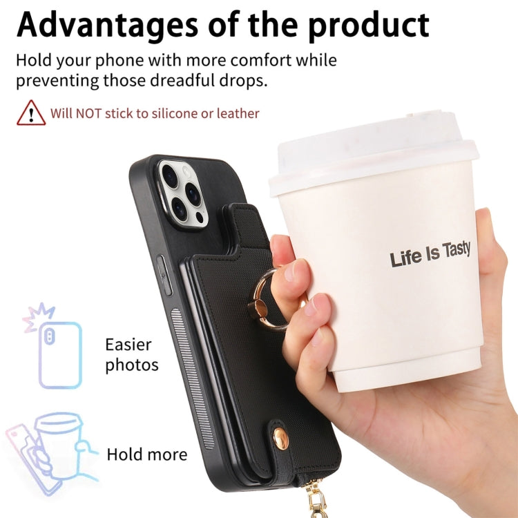 For iPhone 16 Pro Max Cross Leather Ring Vertical Zipper Wallet Back Phone Case