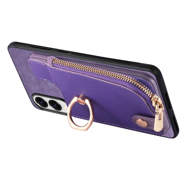 For Samsung Galaxy S25 Edge 5G Cross Leather Ring Vertical Zipper Wallet Back Phone Case