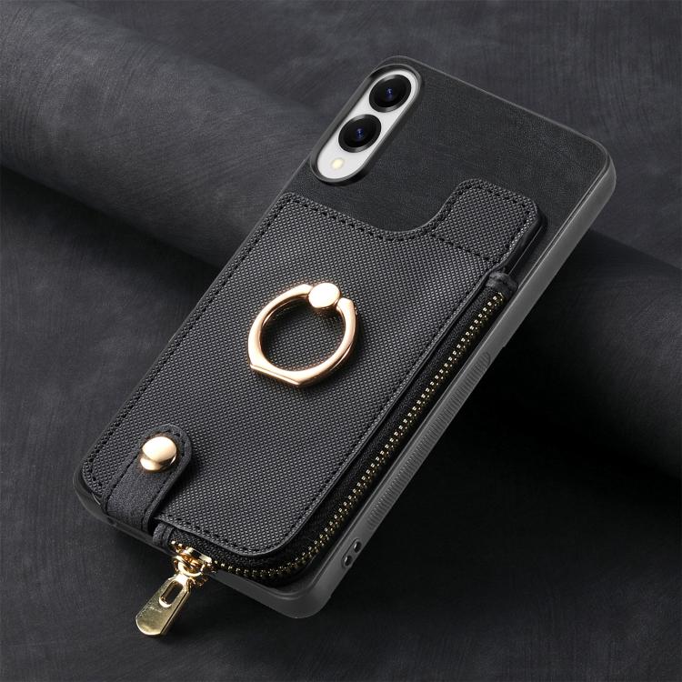 For Samsung Galaxy S25 Edge 5G Cross Leather Ring Vertical Zipper Wallet Back Phone Case
