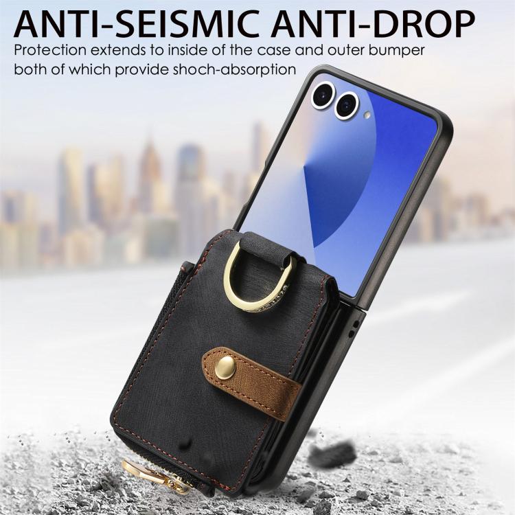For Galaxy Z Flip7 5G Retro Ring Vertical Zipper Wallet Phone Case