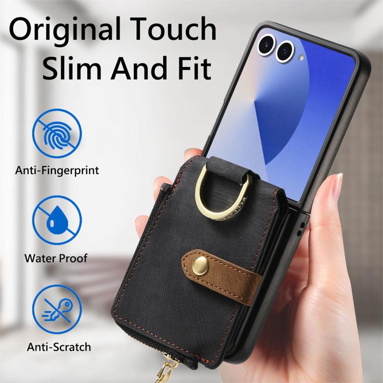 For Galaxy Z Flip7 5G Retro Ring Vertical Zipper Wallet Phone Case