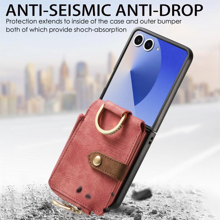 For Galaxy Z Flip7 5G Retro Ring Vertical Zipper Wallet Phone Case